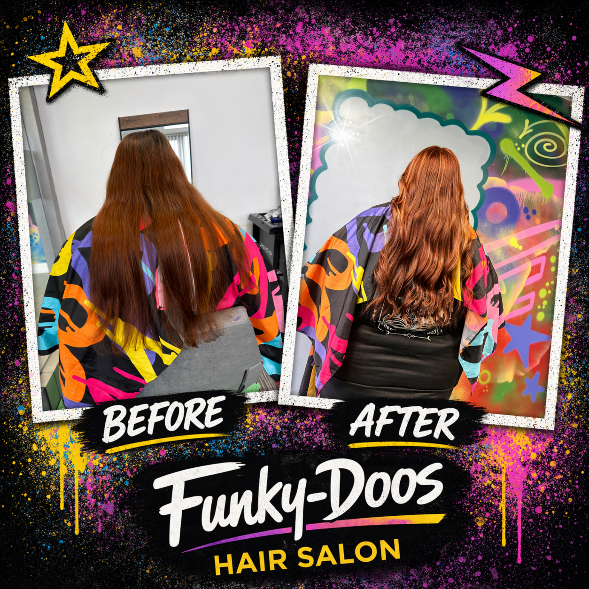 Colour correction in Paisley done properly before and after at Funky-Doos Hair Salon Paisley