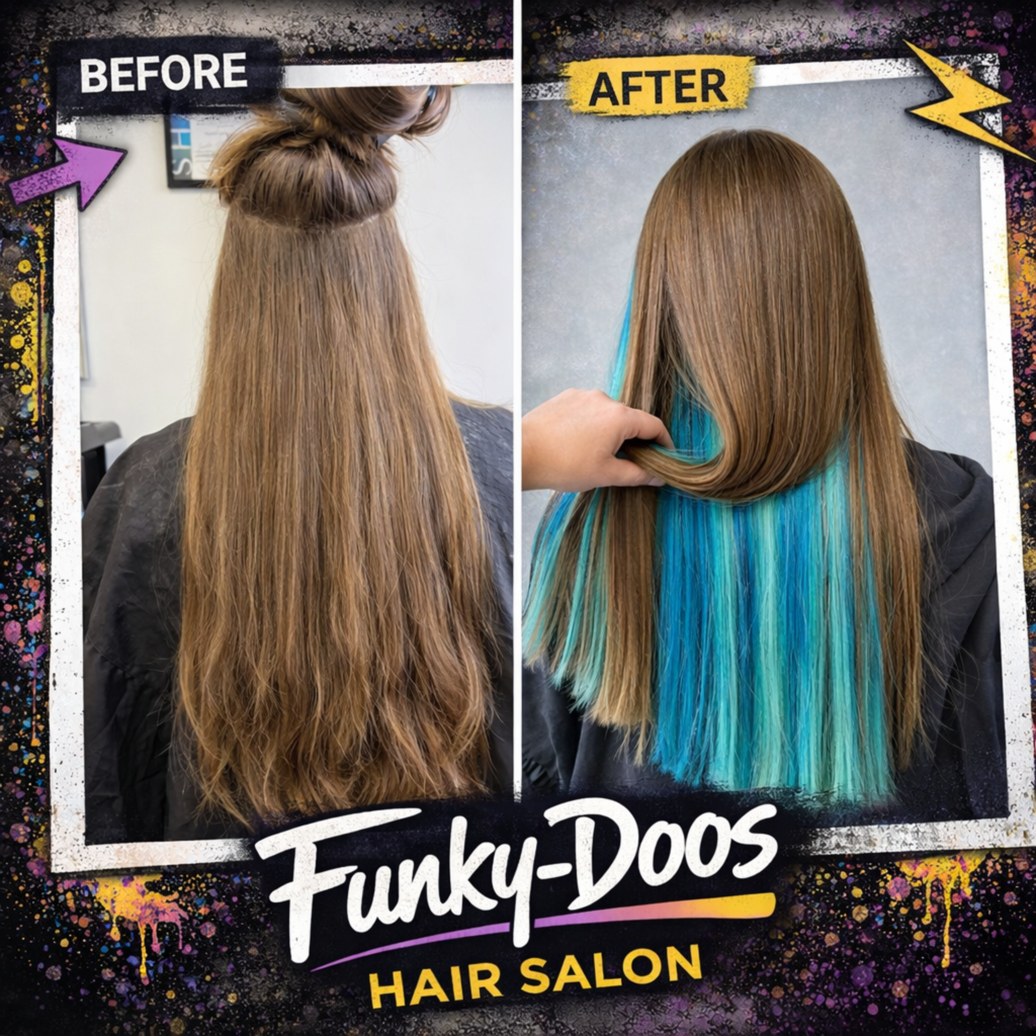 Colour correction in Paisley done properly before and after by Katy at Funky-Doos Hair Salon Paisley